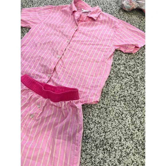 Zara Girls Pink Striped Cotton Pajama Set Short Sleeve Shirt Shorts Size 5 110cm - Picture 6 of 7